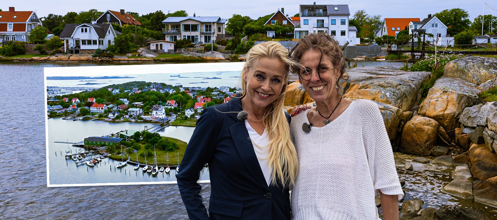 Veckans lyckoplatser Två personer står vid en strand med hus i bakgrunden, en bildruta visar en översiktsbild av området.