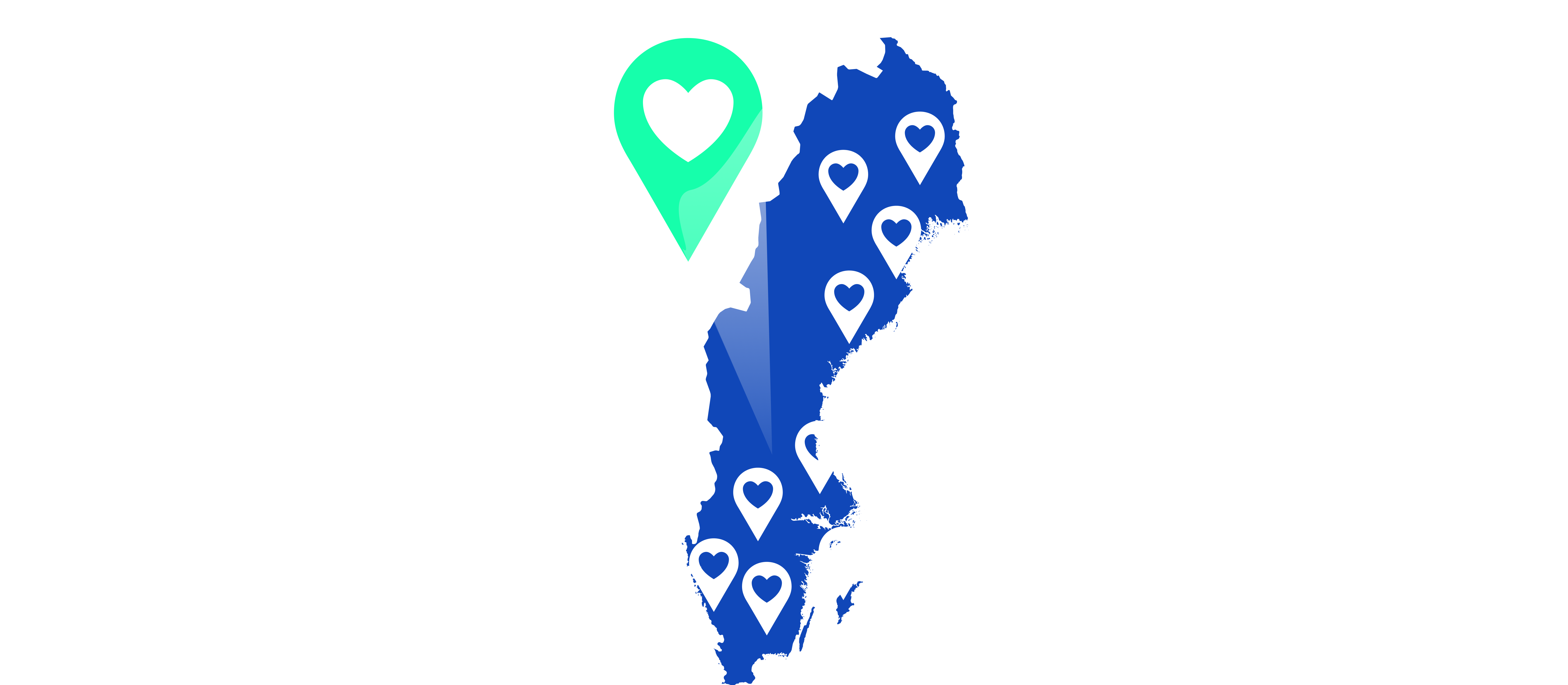 Sverigekarta med pins En illustration av en Sverigekarta med flera platsmarkörer med hjärtsymboler.
