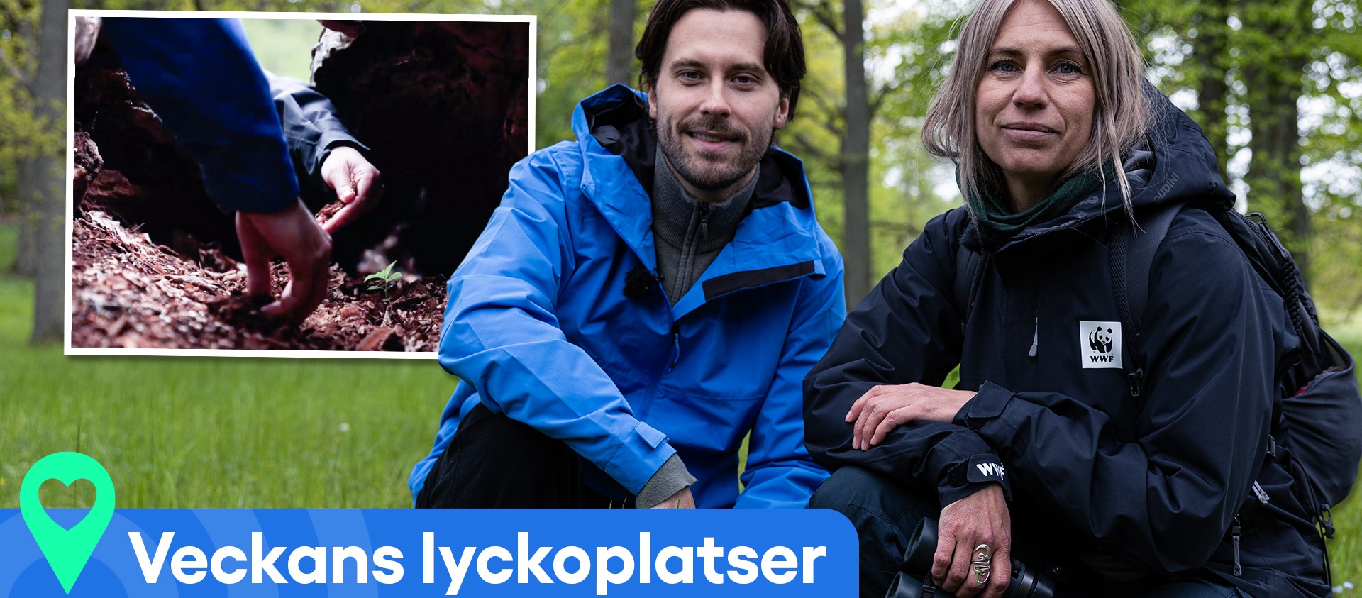 Victor Crone och Jessica Ångström Två personer i utomhusmiljö med 'Veckans lyckoplatser'-text i blått med vit text.