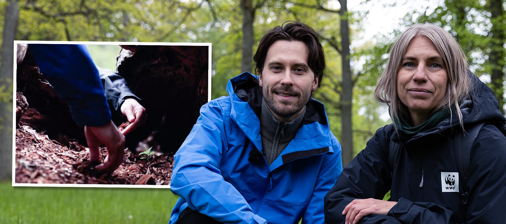 Victor Crone och Jessica Ångström Två personer i utomhusmiljö med 'Veckans lyckoplatser'-text i blått med vit text.