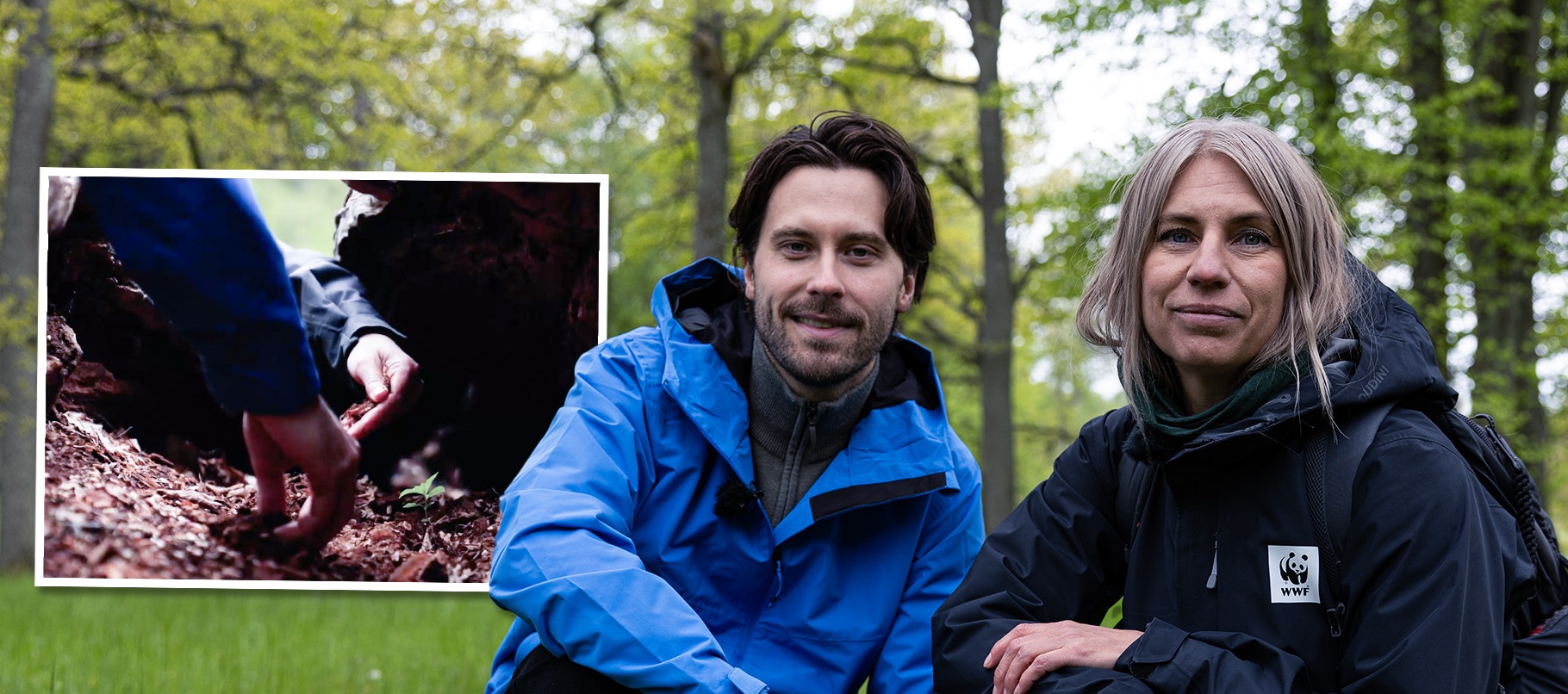 Victor Crone och Jessica Ångström Två personer i utomhusmiljö med 'Veckans lyckoplatser'-text i blått med vit text.
