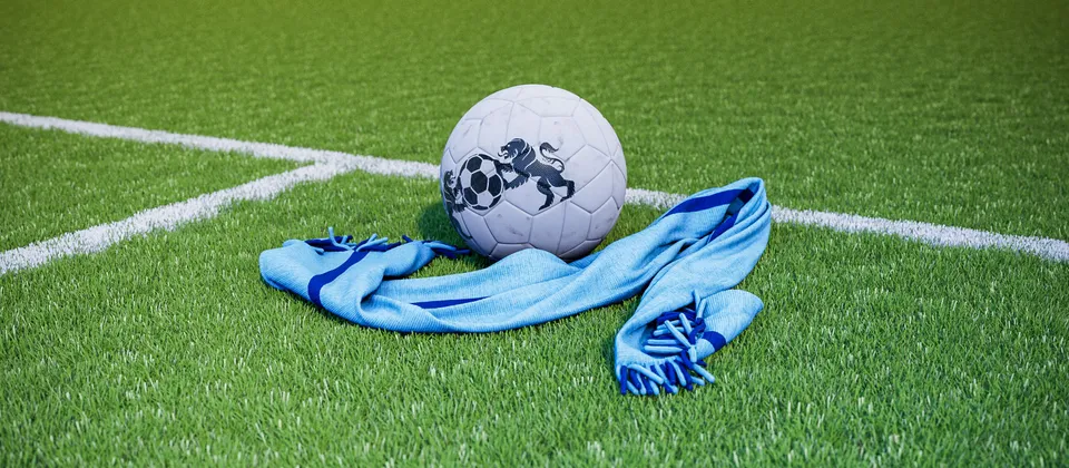 Bild på en fotboll och en supporterhalsduk med Premier League-laget Manchester Citys färger