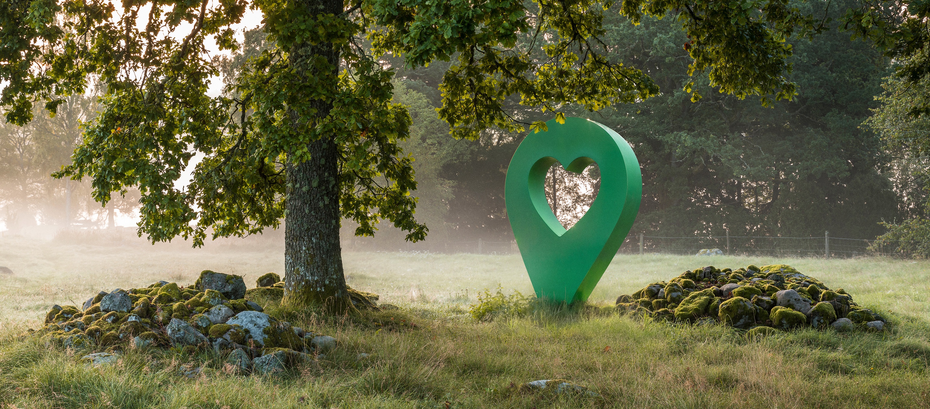 Lyckplats i naturen Grön lyckplats-symbol med hjärta mitt i en skog. Symbolen står nära ett träd och en stenig plats.