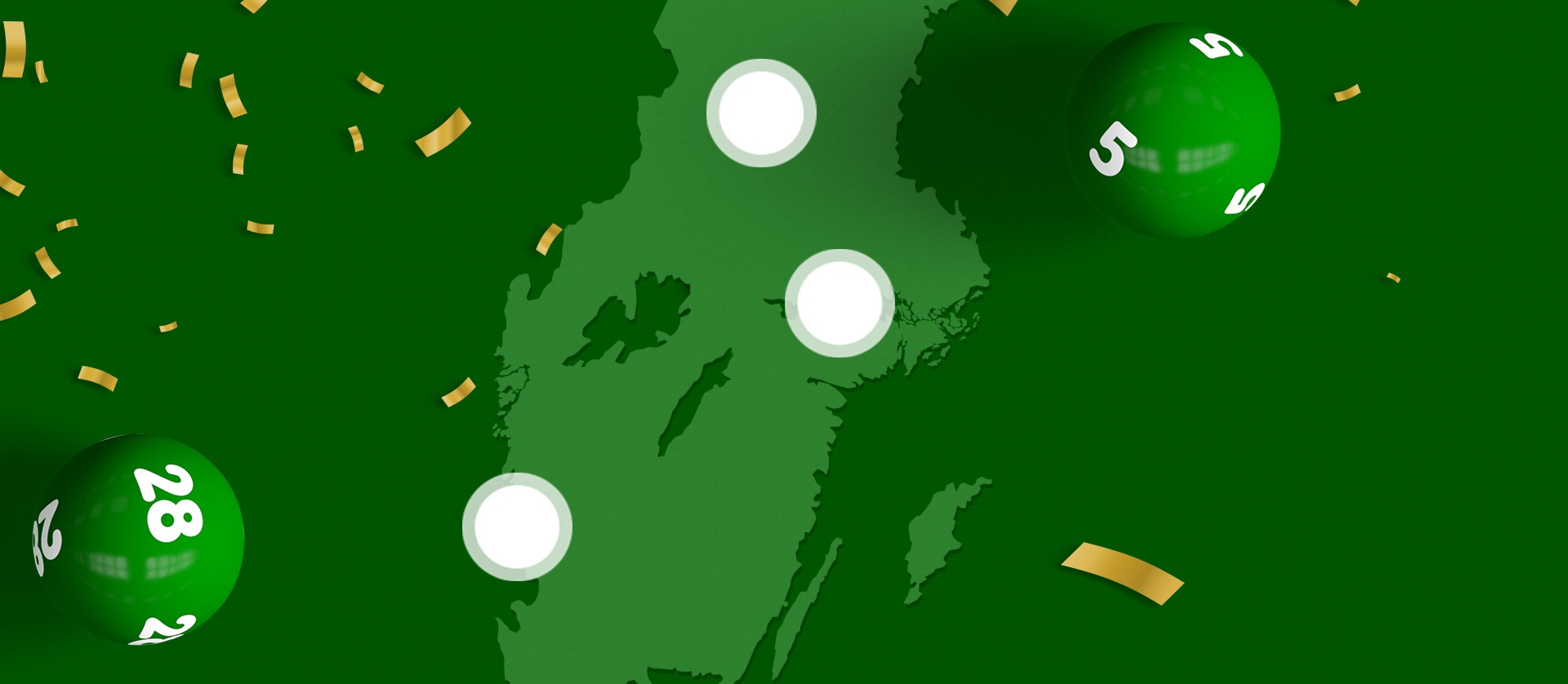 Sverigekarta i Lottogrönt Gröna lottobollar med nummer på en sverigekarta med mörkgrön bakgrund med konfetti