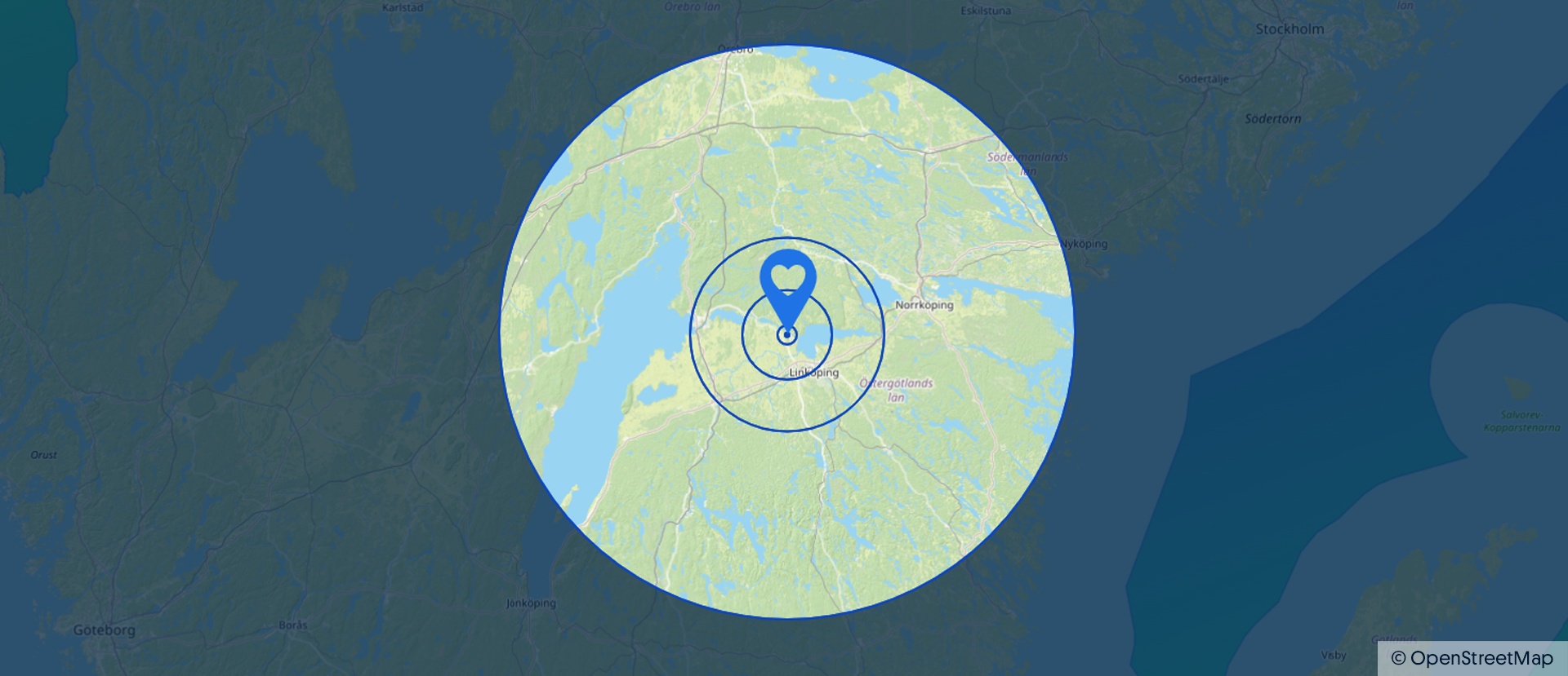 Lyckoplatsen-vinnare i Linköping Karta som markerar Lyckoplatsen-vinnaren i Linköping, tagen den 23 mars. Centrum är markerat med en blå hjärtikon.