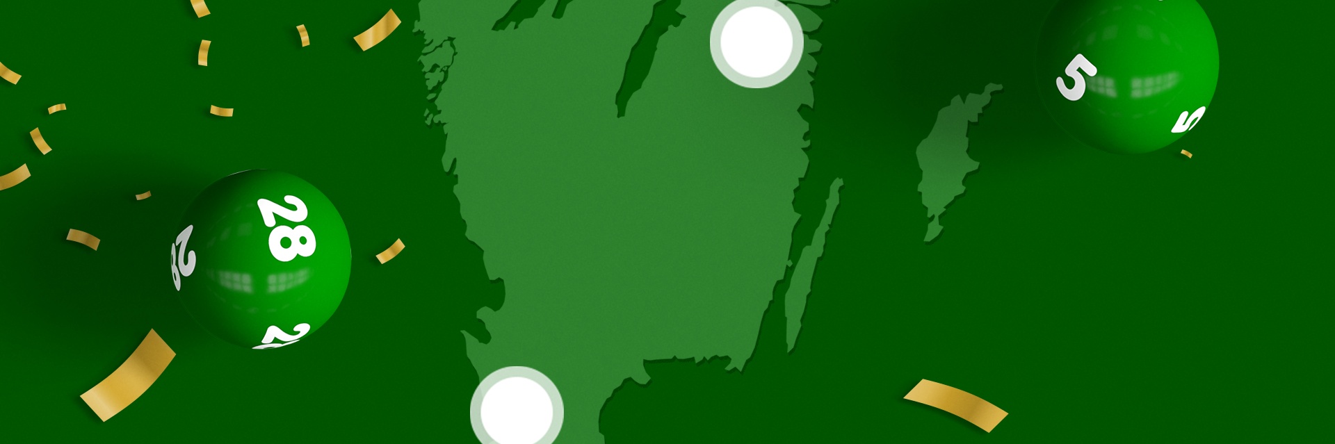 Karta över Sverige med gröna lottobollar och konfetti visar vinnare i Lotto från Lund och Åtvidaberg.