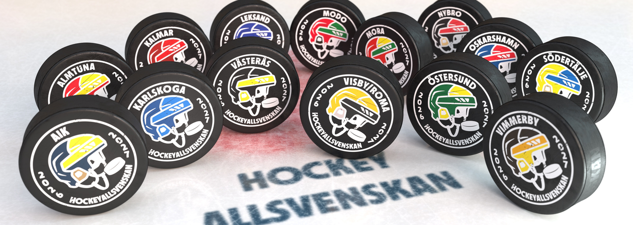 Bild på puckar med alla Hockeyallsvenskans lags loggor 