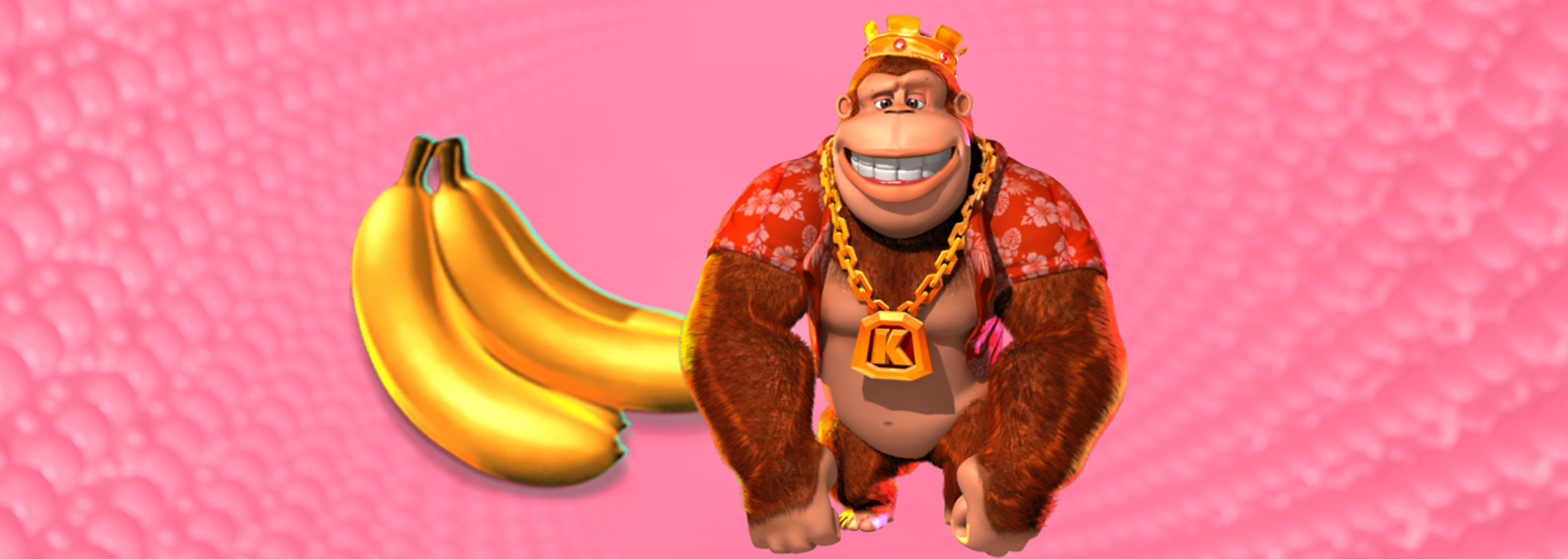 En tecknad gorilla med kungakrona och bananer mot en rosa bakgrund.