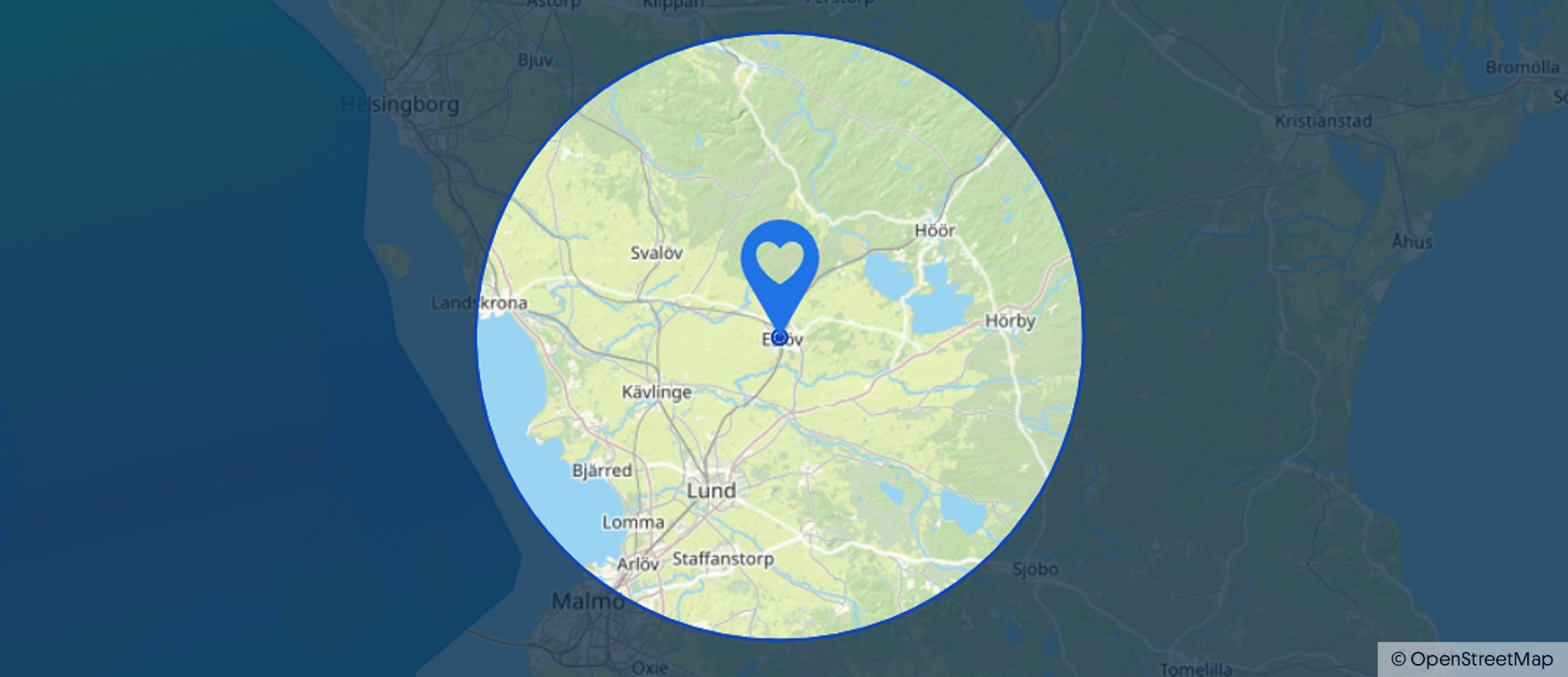 Karta visar plats i Eslöv, markerad med blå hjärtformad nål, symboliserar plats för lycklig vinnare.