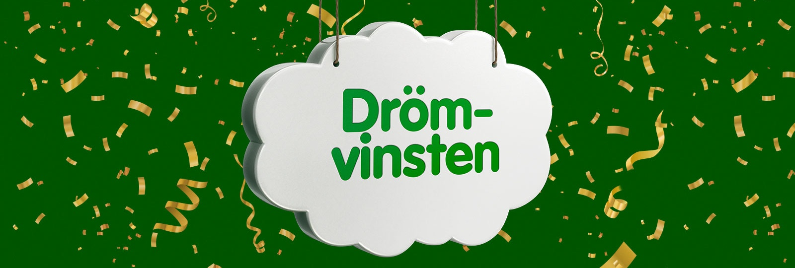 Grön Lottobakgrund med konfetti och ett moln med texten Drömvinsten