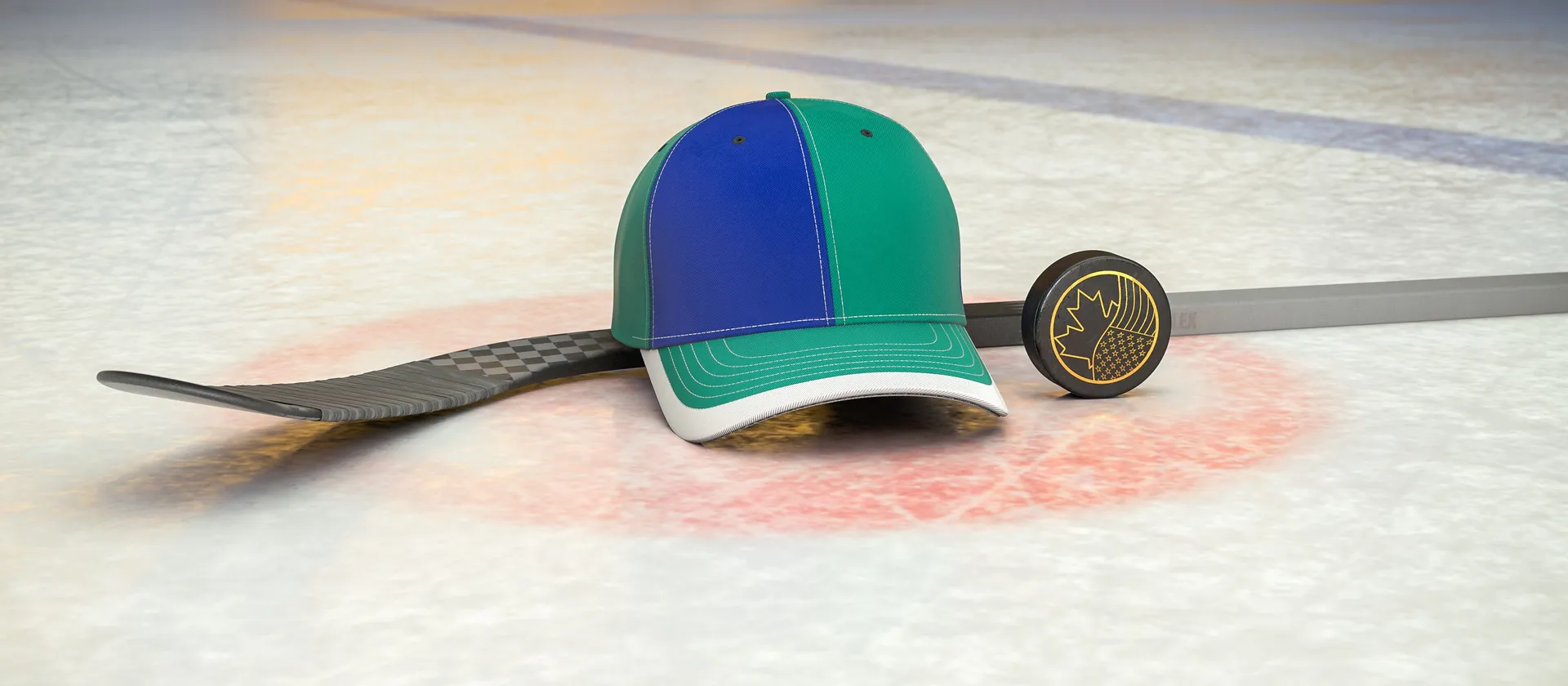 Bild på hockeyklubba, puck och en supporterkeps med NHL-laget Vancouver Canucks färger