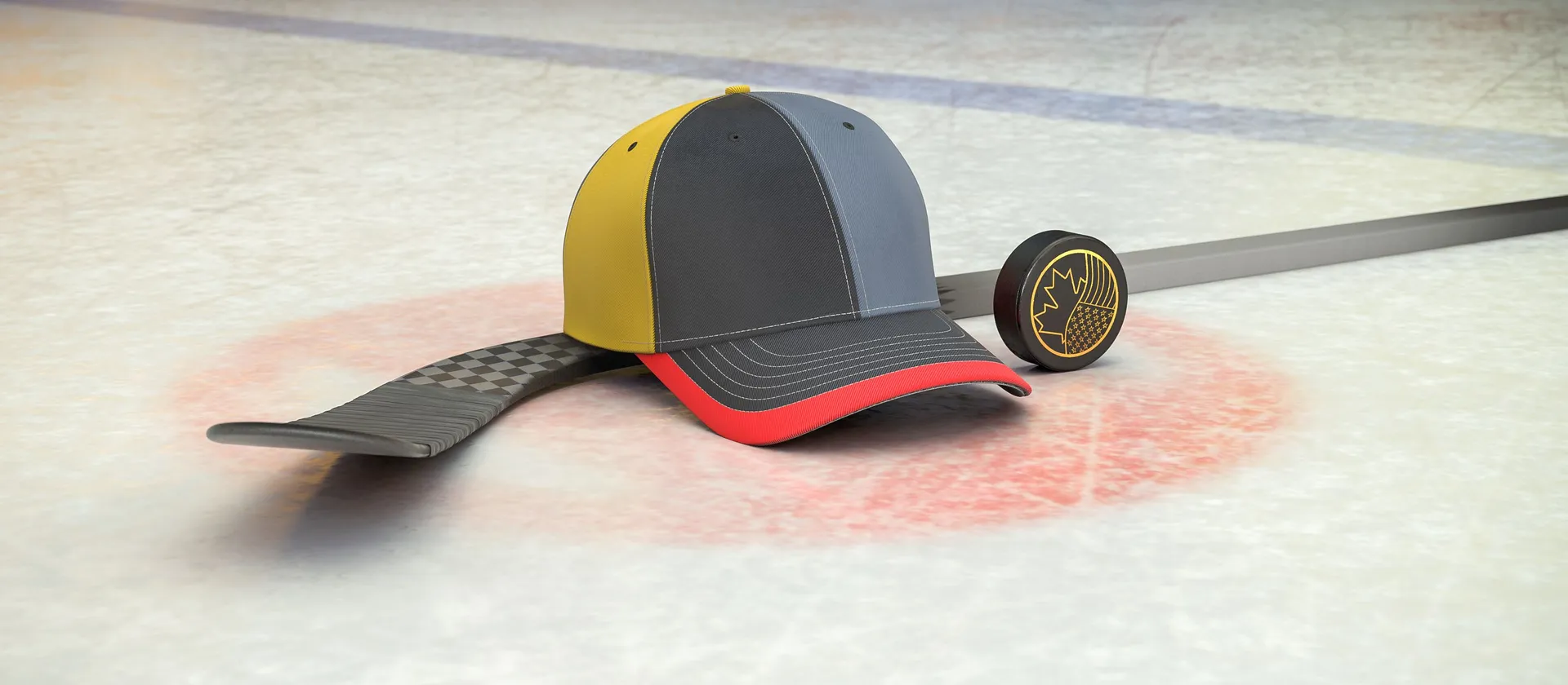 Bild på hockeyklubba, puck och en supporterkeps med NHL-laget Vegas Golden Knights färger