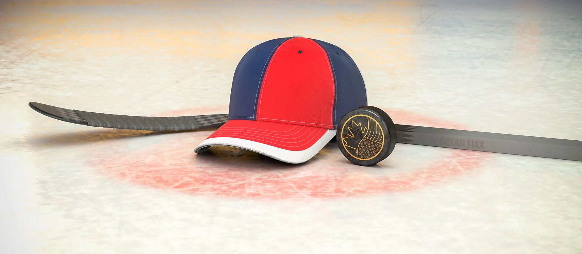 Bild på hockeyklubba, puck och en supporterkeps med NHL-laget Washington Capitals färger