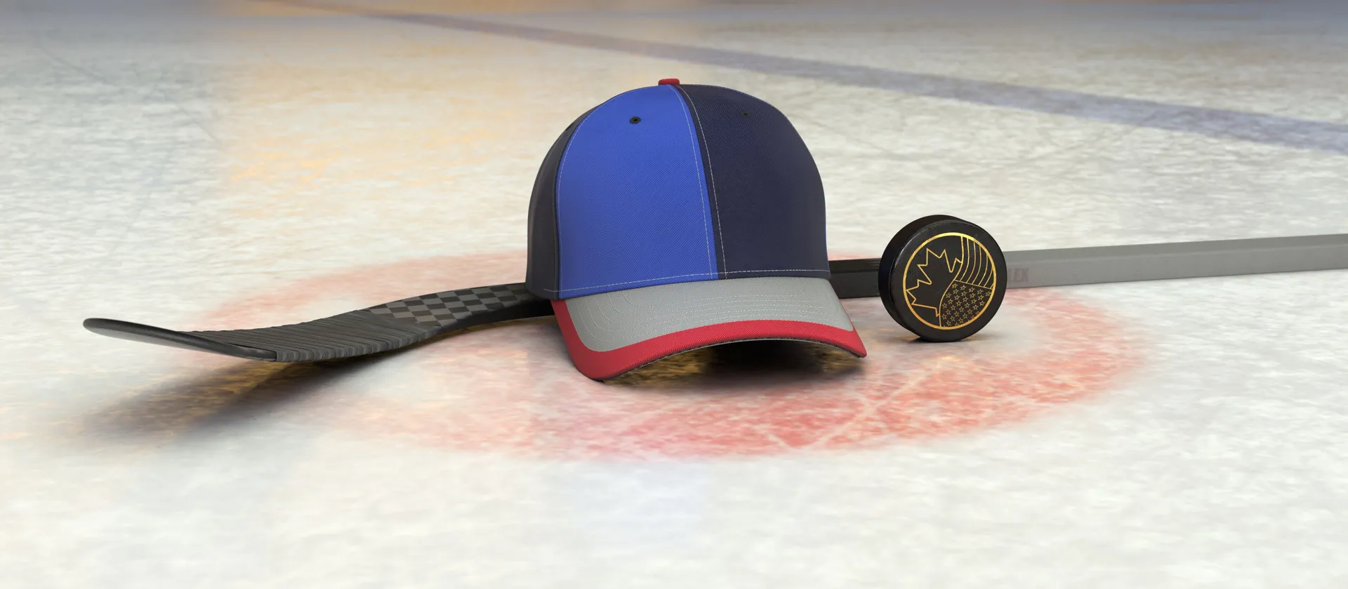 Bild på hockeyklubba, puck och en supporterkeps med NHL-laget Winnipeg Jets färger