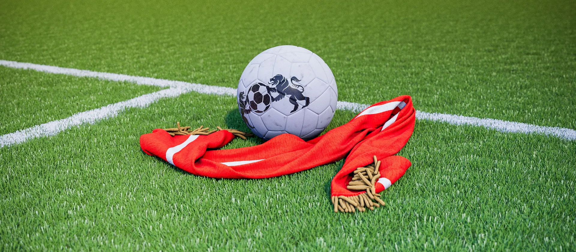Bild på en fotboll och en supporterhalsduk med Premier League-laget Arsenals färger