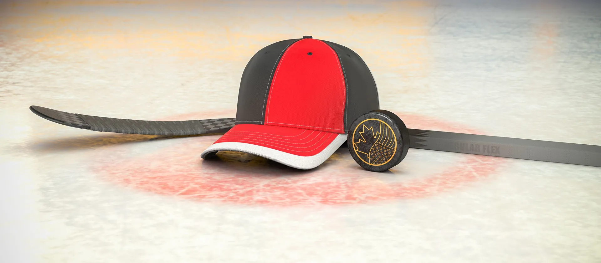 Bild på hockeyklubba, puck och en supporterkeps med NHL-laget New Jersey Devils färger