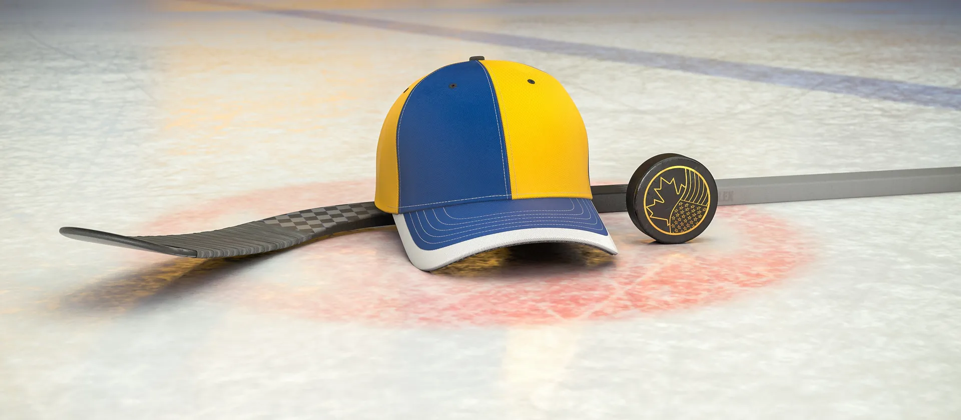 Bild på hockeyklubba, puck och en supporterkeps med NHL-laget Nashville Predators färger