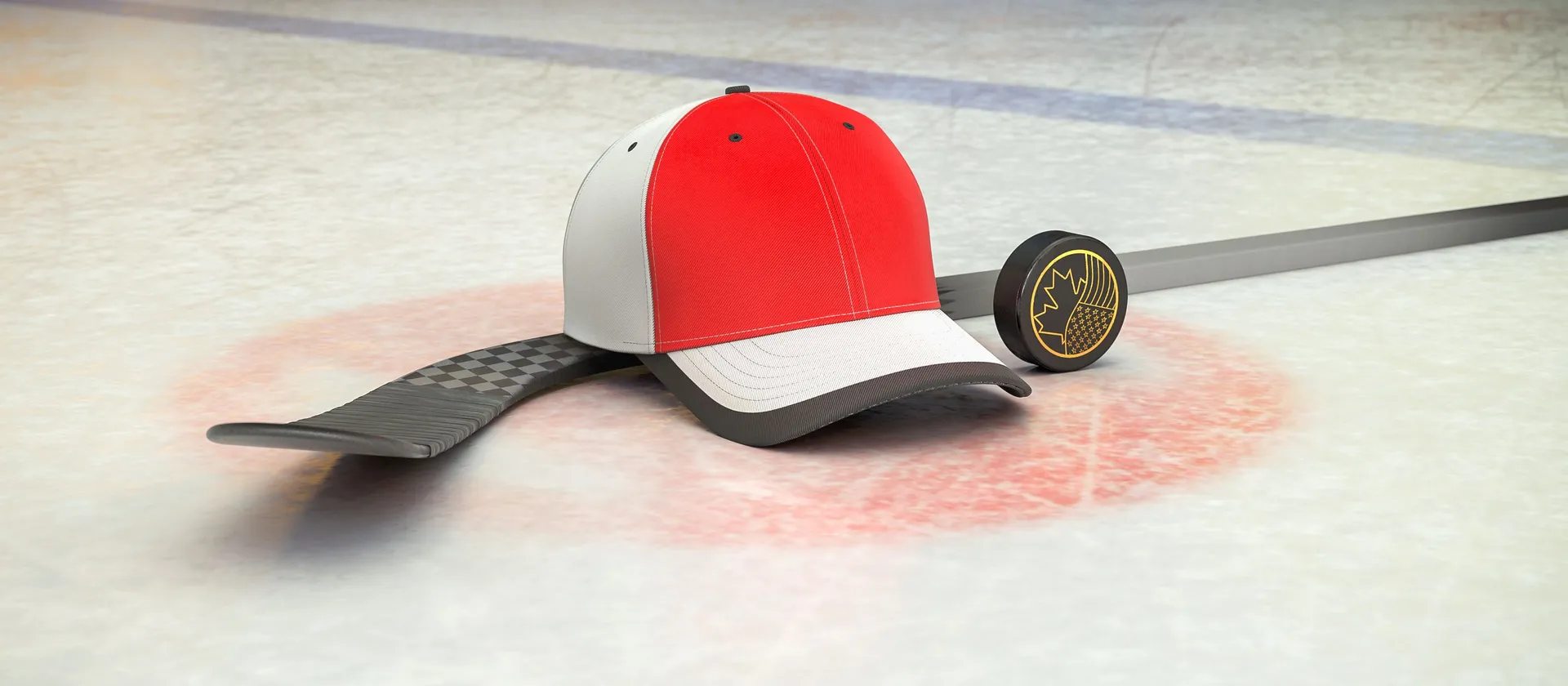 Bild på hockeyklubba, puck och en supporterkeps med NHL-laget Chicago Blackhawks färger