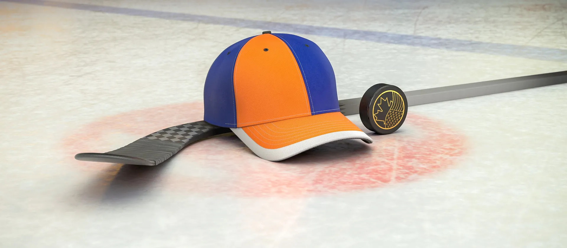 Bild på hockeyklubba, puck och en supporterkeps med NHL-laget New York Islanders färger