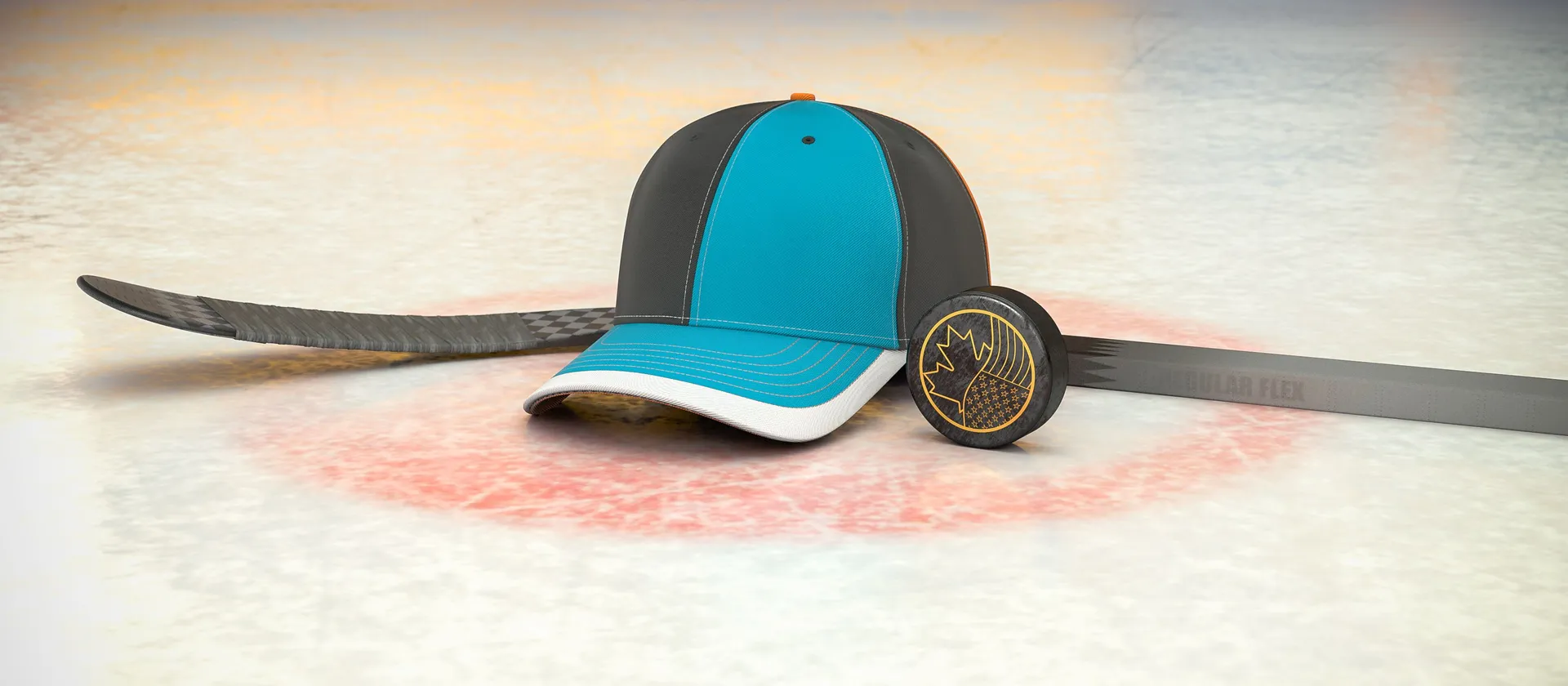 Bild på hockeyklubba, puck och en supporterkeps med NHL-laget San Jose Sharks färger