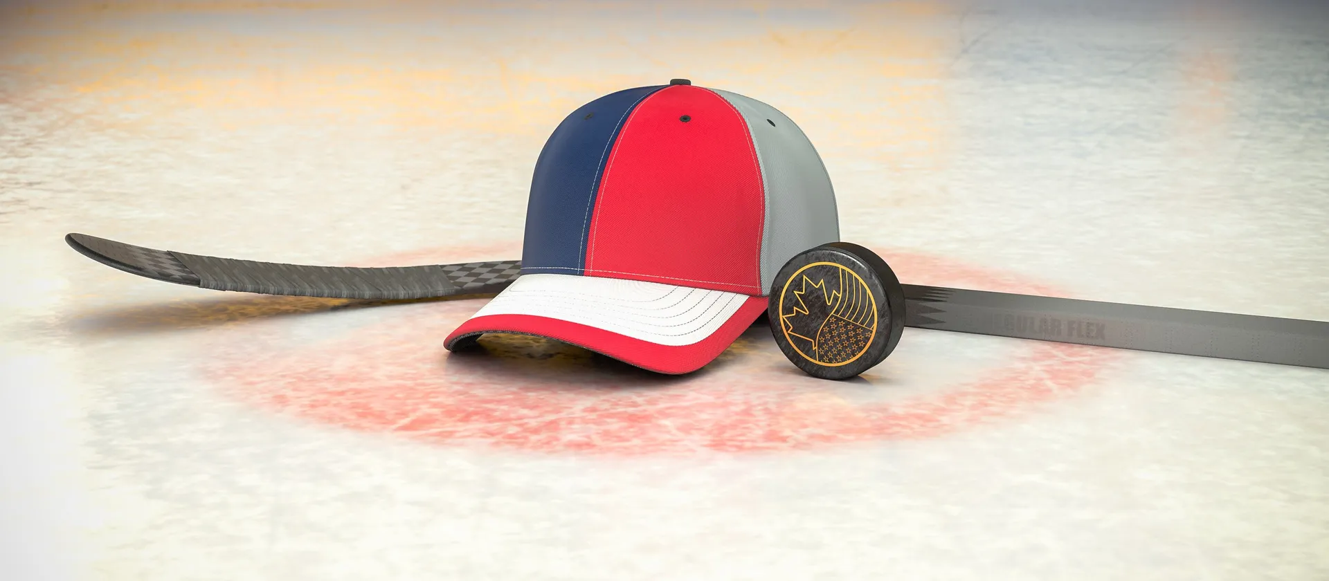Bild på hockeyklubba, puck och en supporterkeps med NHL-laget Columbus Blue Jackets färger