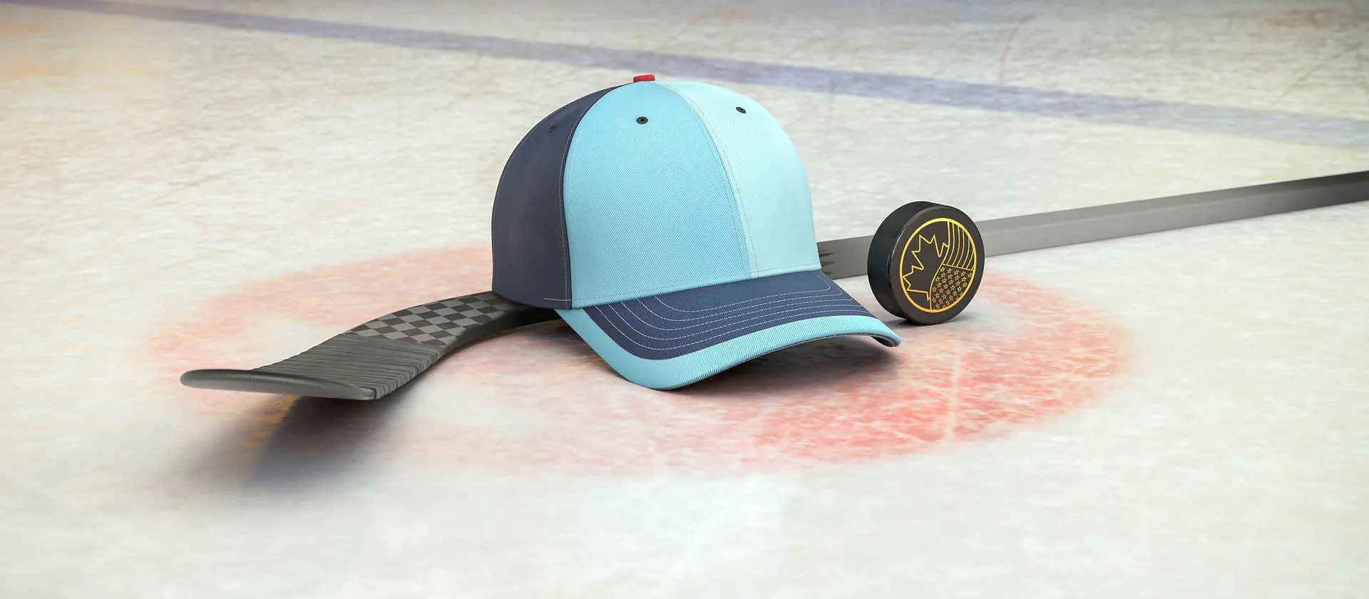 Bild på hockeyklubba, puck och en supporterkeps med NHL-laget Seattle Krakens färger