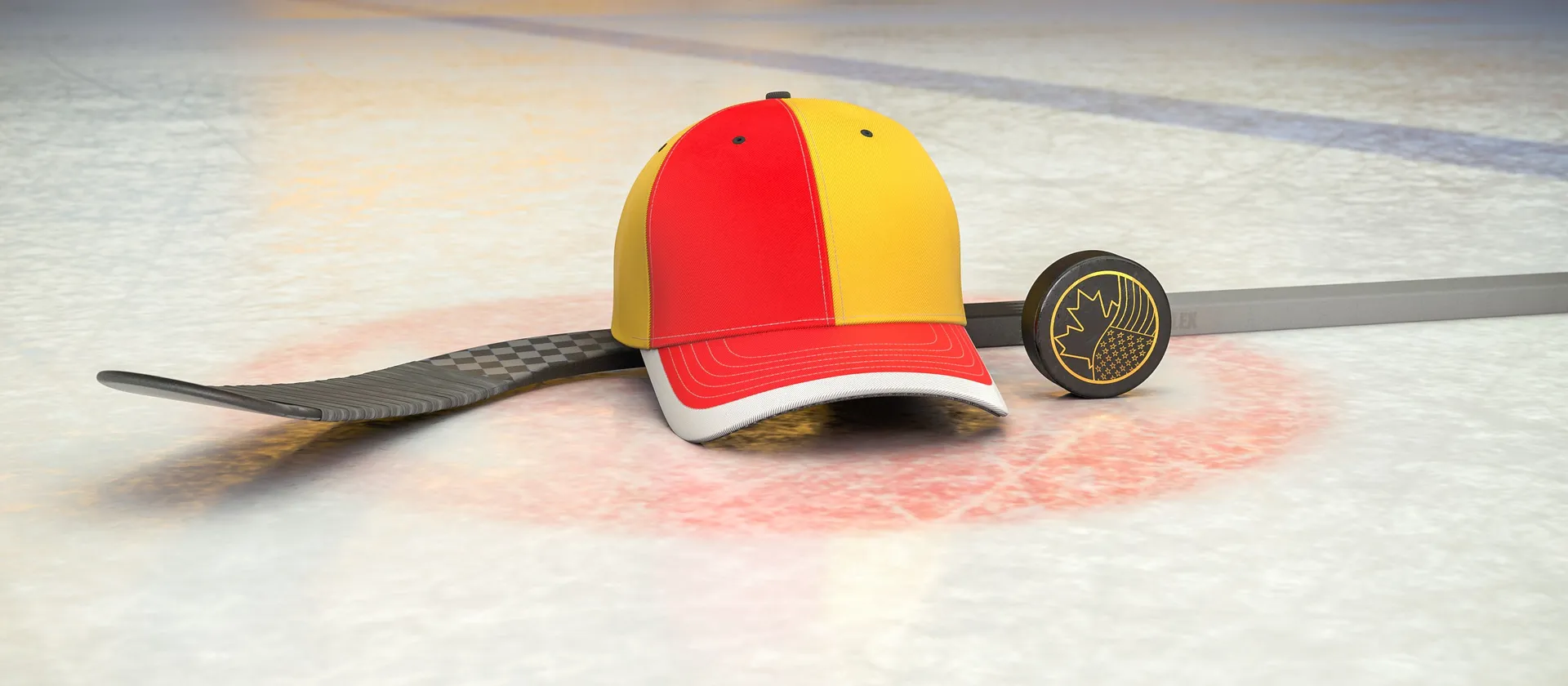 Bild på hockeyklubba, puck och en supporterkeps med NHL-laget Calgary Flames färger