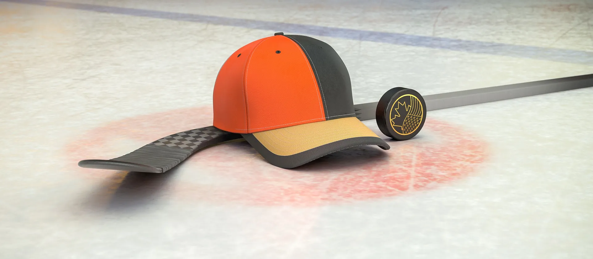 Bild på en hockeyklubba, puck och en supporterkeps med NHL-laget Anaheim Ducks färger
