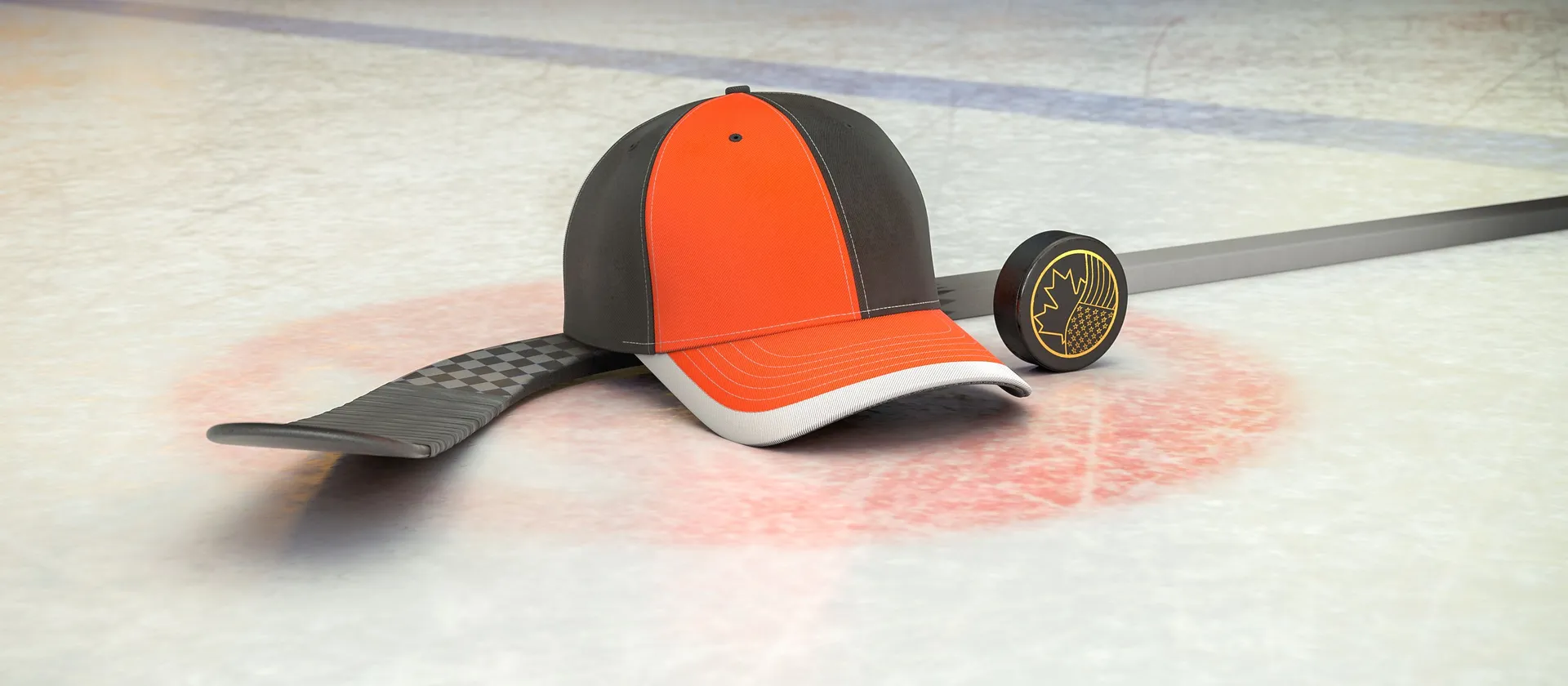Bild på hockeyklubba, puck och en supporterkeps med NHL-laget Philadelphia Flyers färger