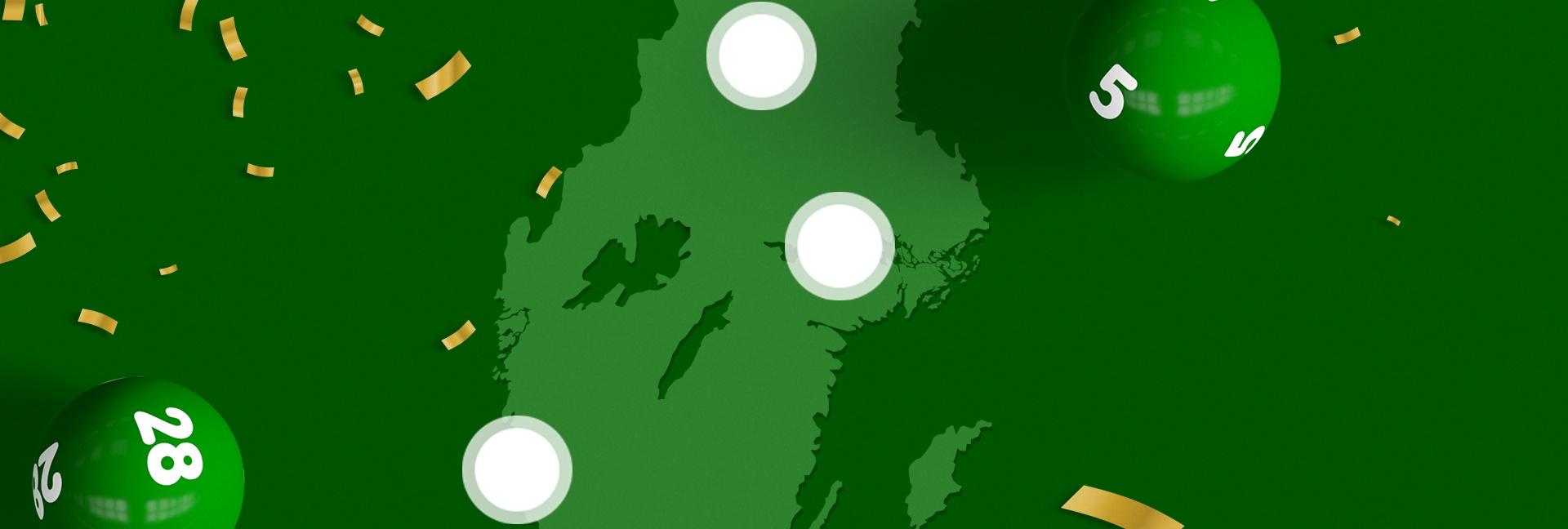 Gröna lottobollar med nummer på mörkgrön bakgrund med konfetti, symboliskt för Lotto-vinnare.