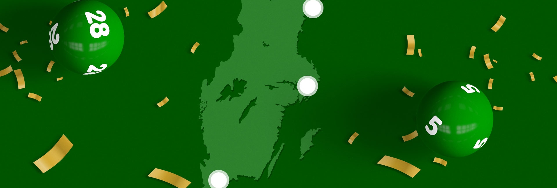 Bild med gröna lottobollar och en kartbakgrund, guld konfetti symboliserar en lotto-vinst.