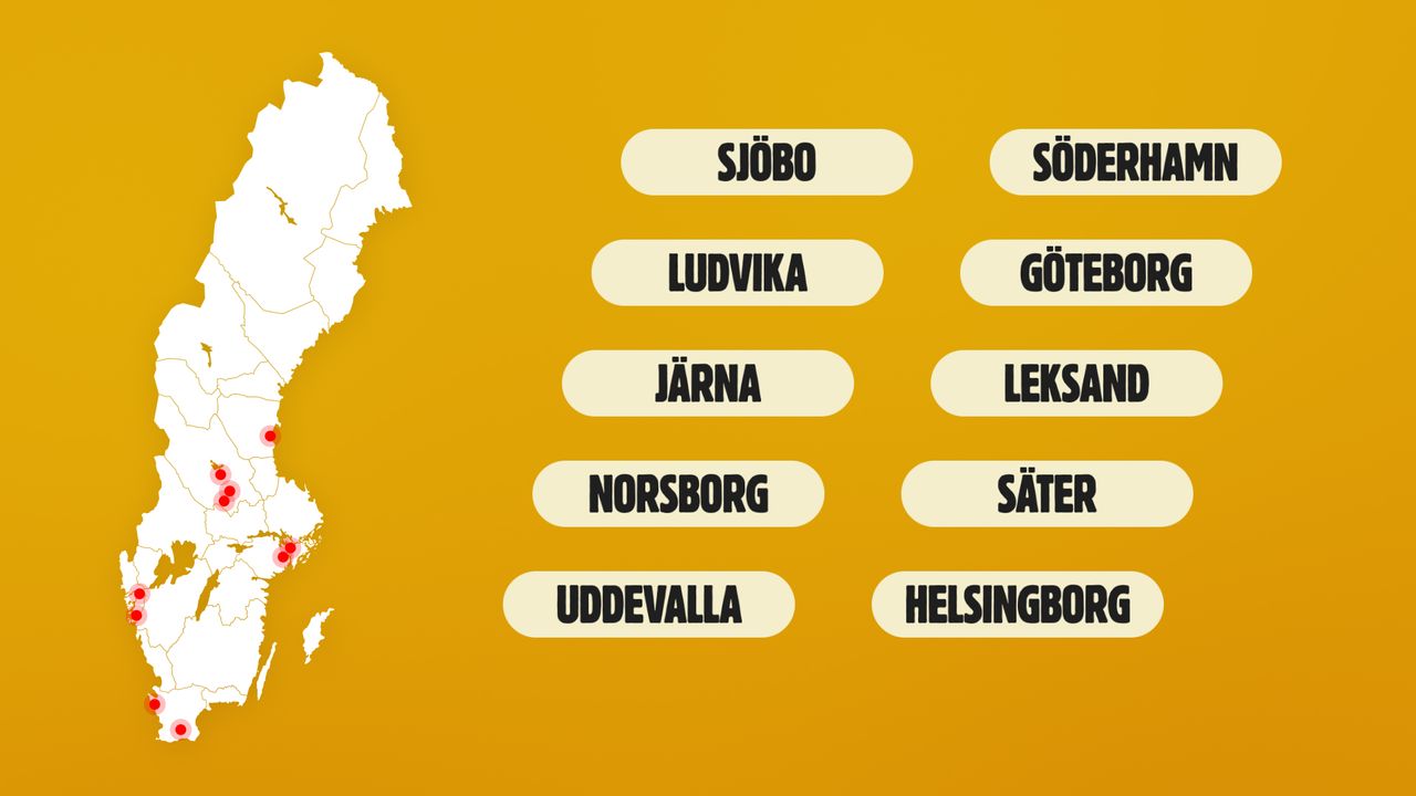 Sverigekarta med orterna Sjöbo, Ludvika, Järna, Norsborg, Uddevalla, Söderhamn, Göteborg, Leksand, Säter och Helsingborg utmarkerade