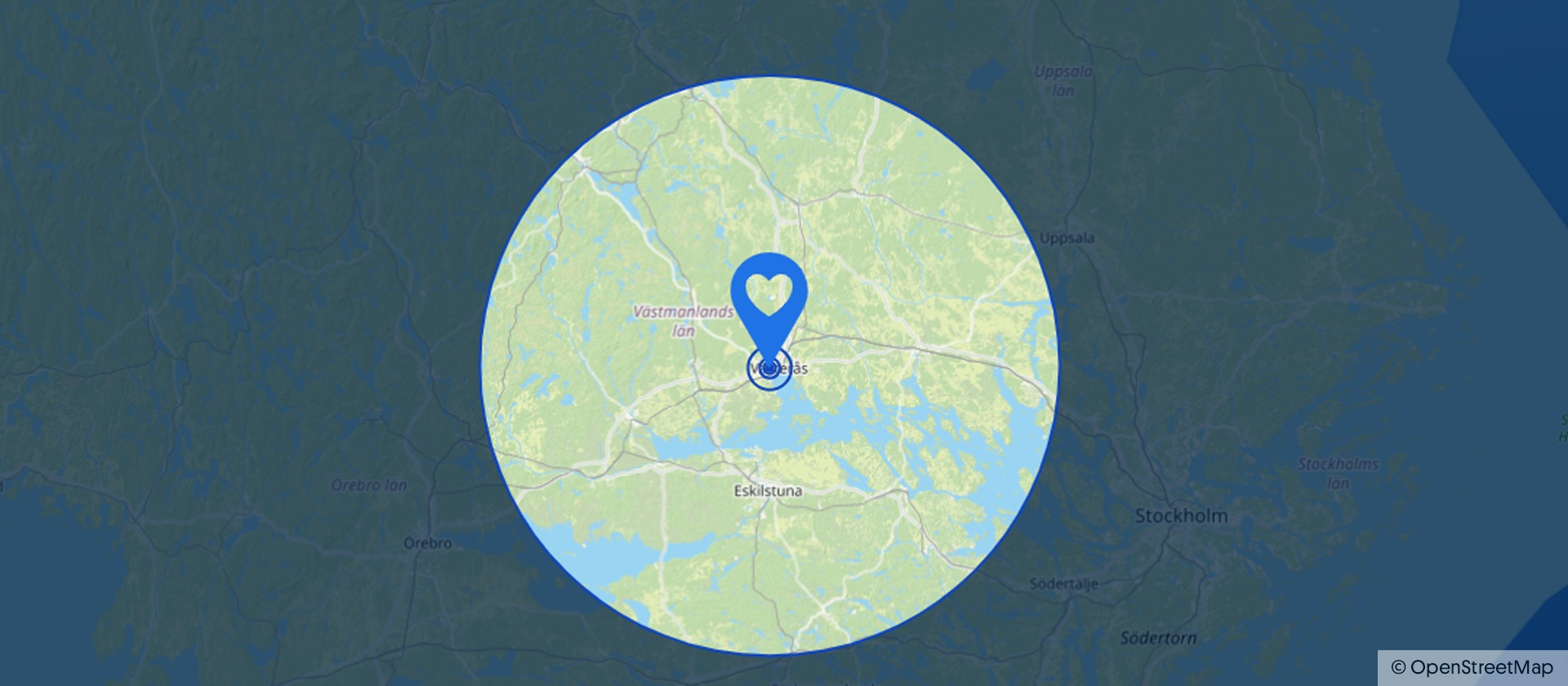 Karta över Västerås med en markerad plats, visad i en blå cirkel.