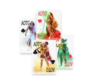 Illustrerade spelkort med olika figurer från AOG-Twisters med färgglada och rustningsklädda motiv.