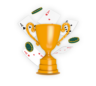 Guldpokal med spelkort och pokermarker runt om, symboliserar pokertävlingar.