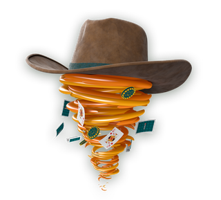 En virvelvind av spelkort och marker med en cowboyhatt ovanpå.