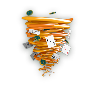 En virvlande hög av pokermarker och spelkort mot en mörk bakgrund.