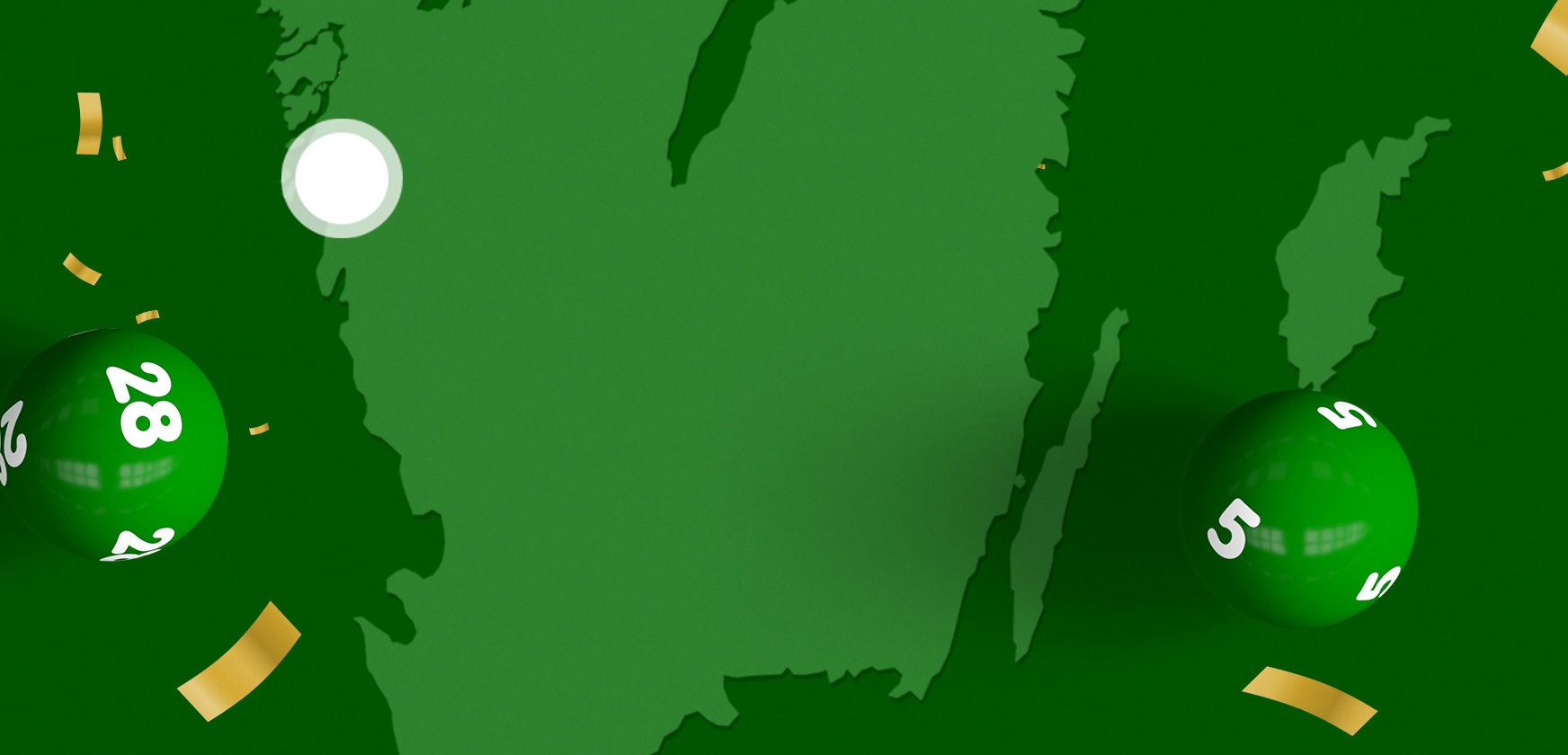 Gröna lottobollar och Sverige-karta på mörkgrön bakgrund med inslag av konfetti.