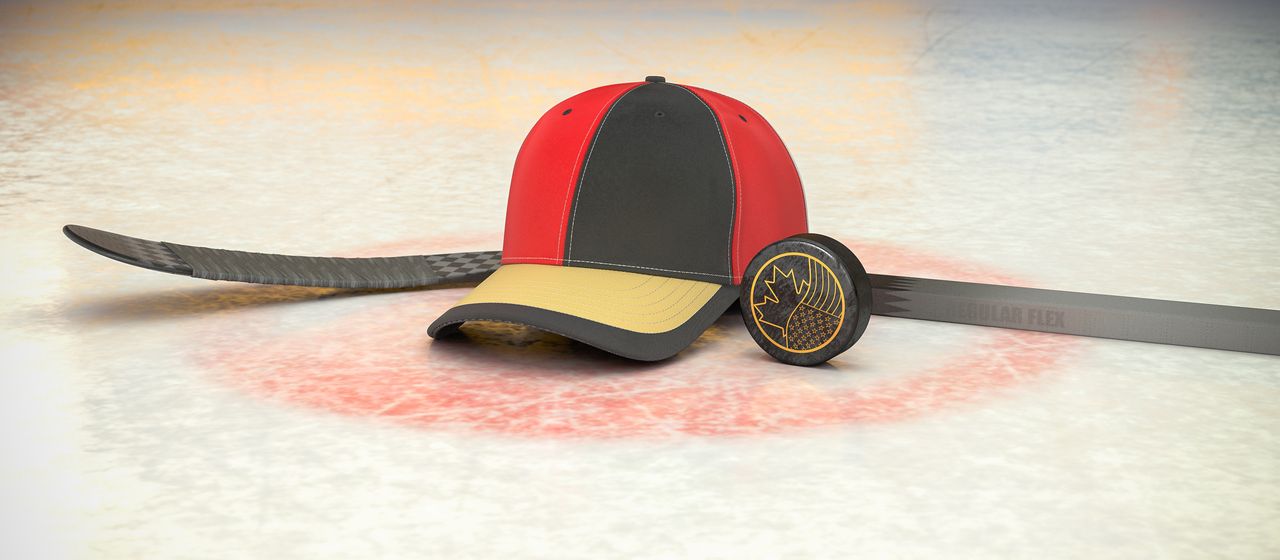 Bild på hockeyklubba, puck och en supporterkeps med NHL-laget Ottawa Senators färger
