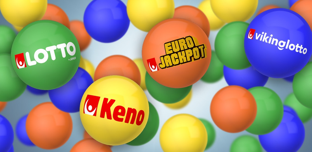 Färgade bollar med varumärkena Lotto, Keno, Eurojackpot och Vikinglotto