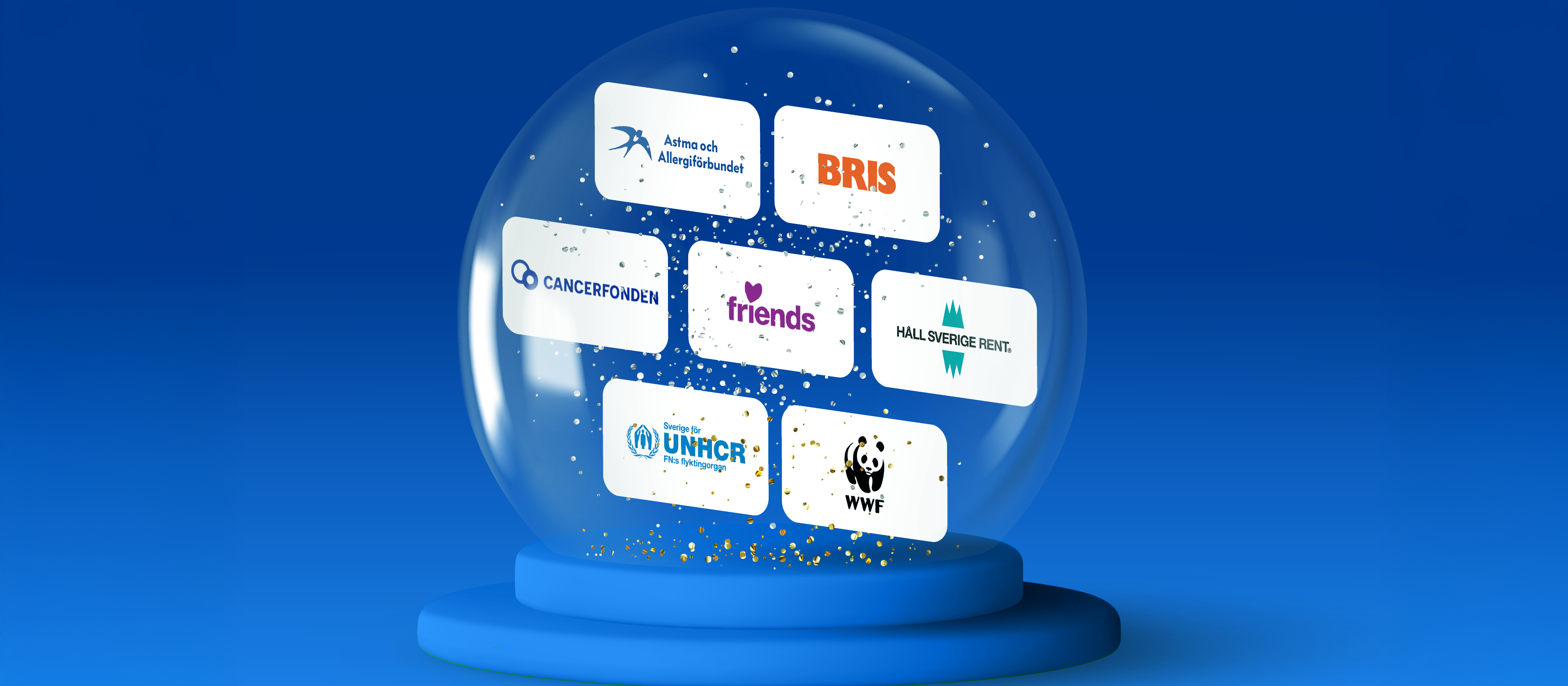 En snöglob med logotyper för olika välgörenhetsorganisationer mot en blå bakgrund.