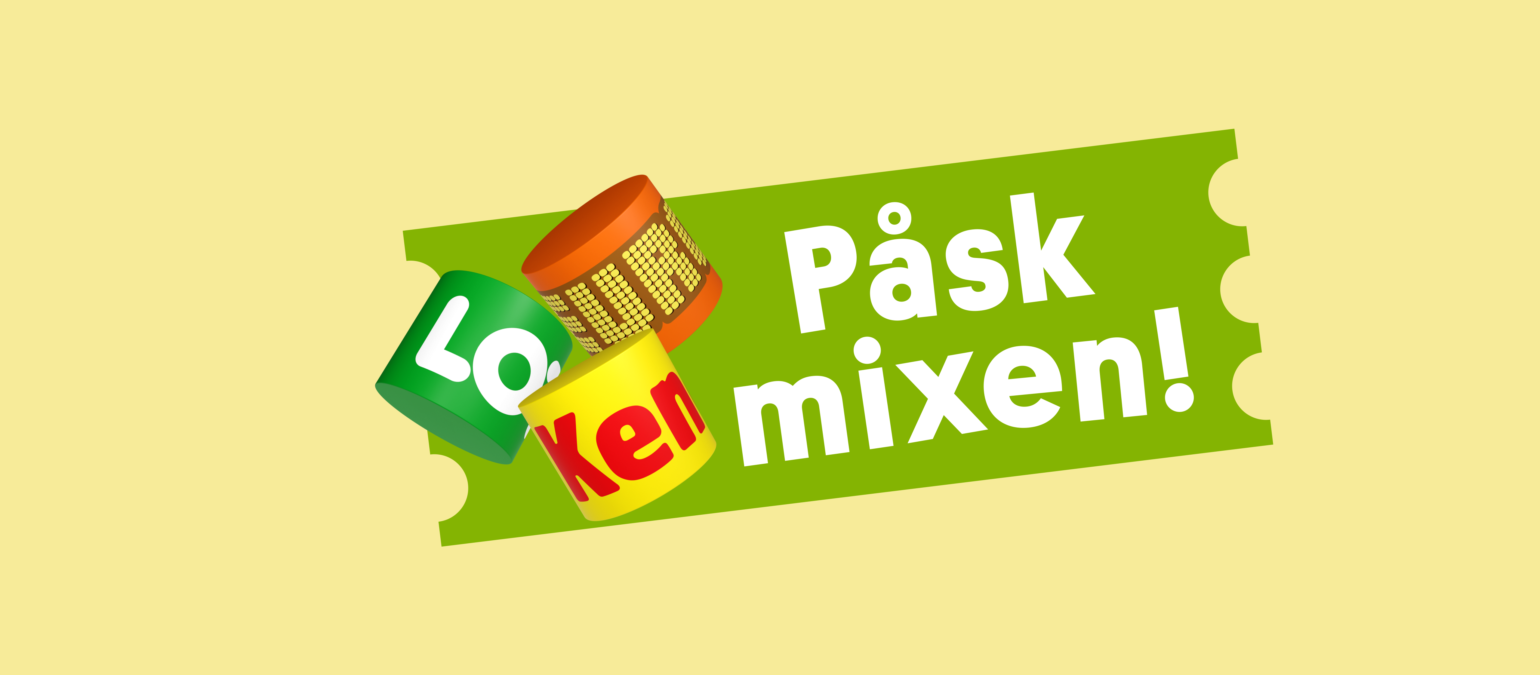 En grön och gul bakgrund med texten 'Påskmixen' och cylindrar för Lotto, Eurojackpot och Keno.