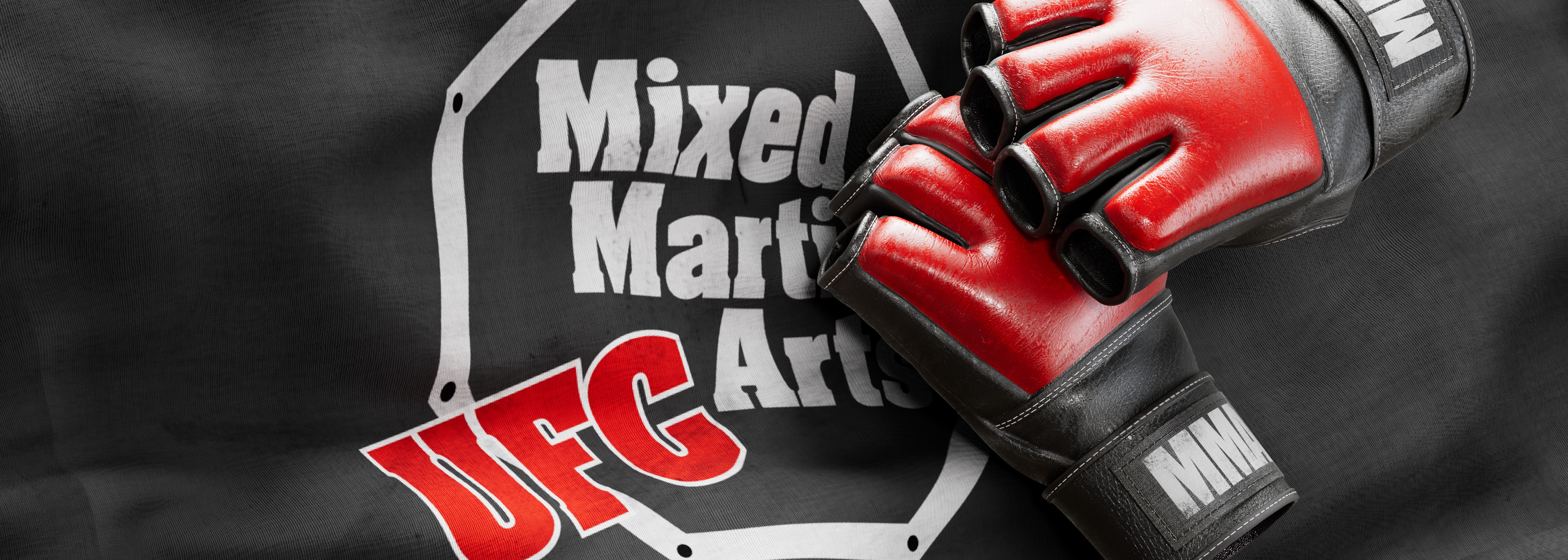 Röda MMA-handskar på en duk med UFC och Mixed Martial Arts-logga.