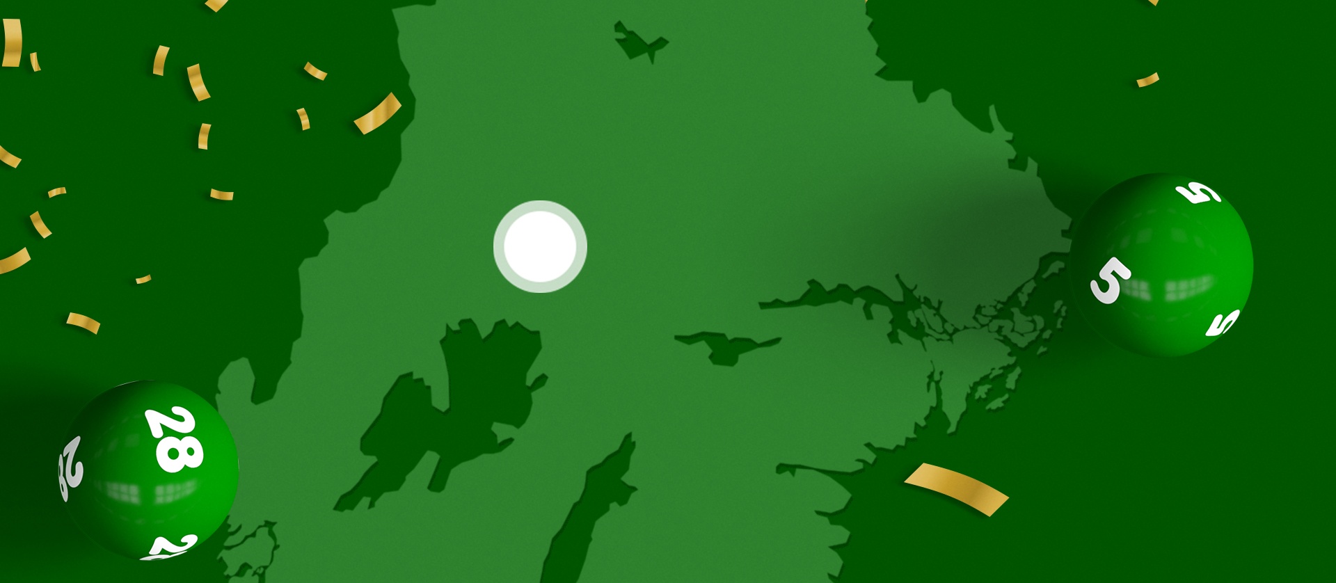 Gröna lottobollar med nummer rullar över en karta av Sverige, guldkonfetti sprider glädje.