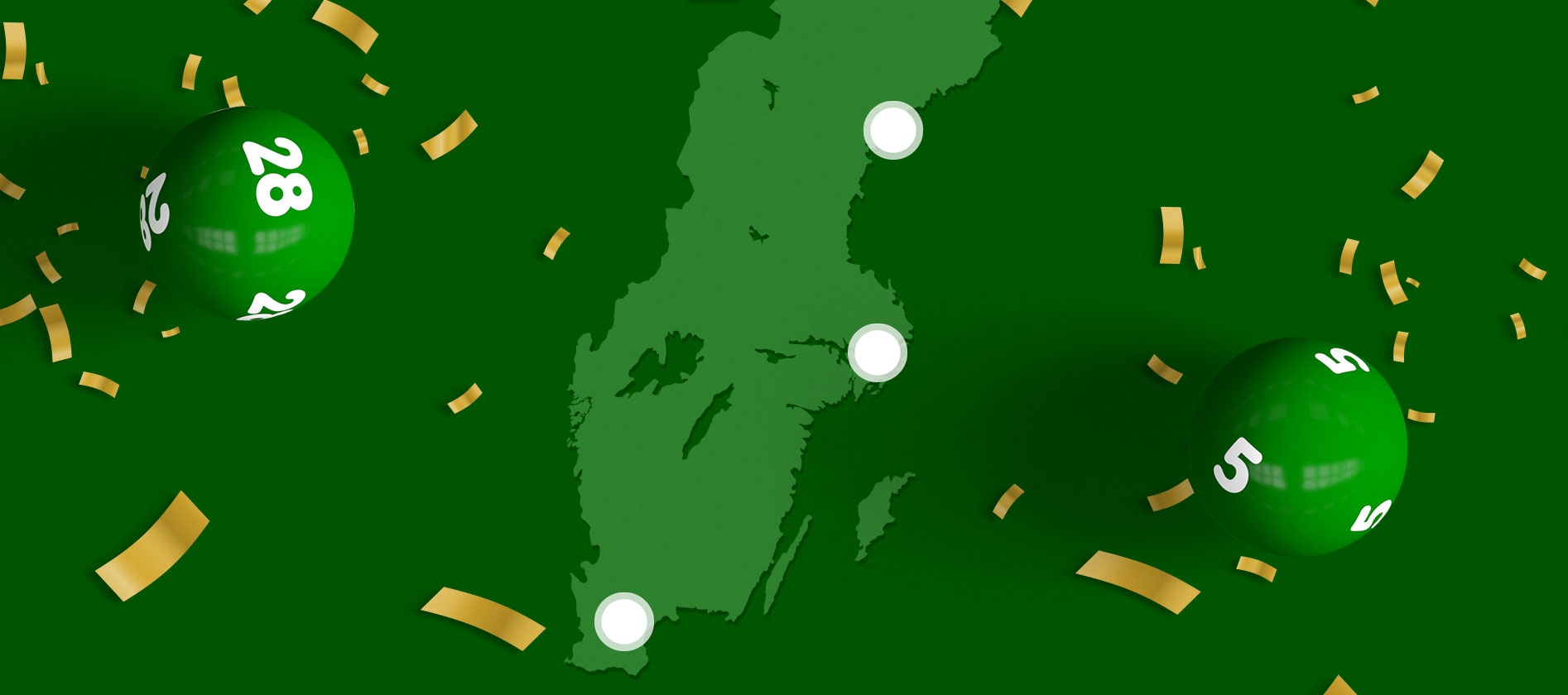 Bild med gröna lottobollar och en kartbakgrund, guld konfetti symboliserar en lotto-vinst.