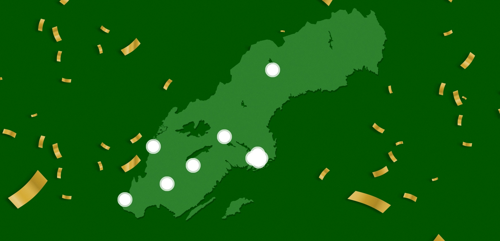 Grön karta med lottobollar och konfetti på grön bakgrund för Lotto-julextra 2025.