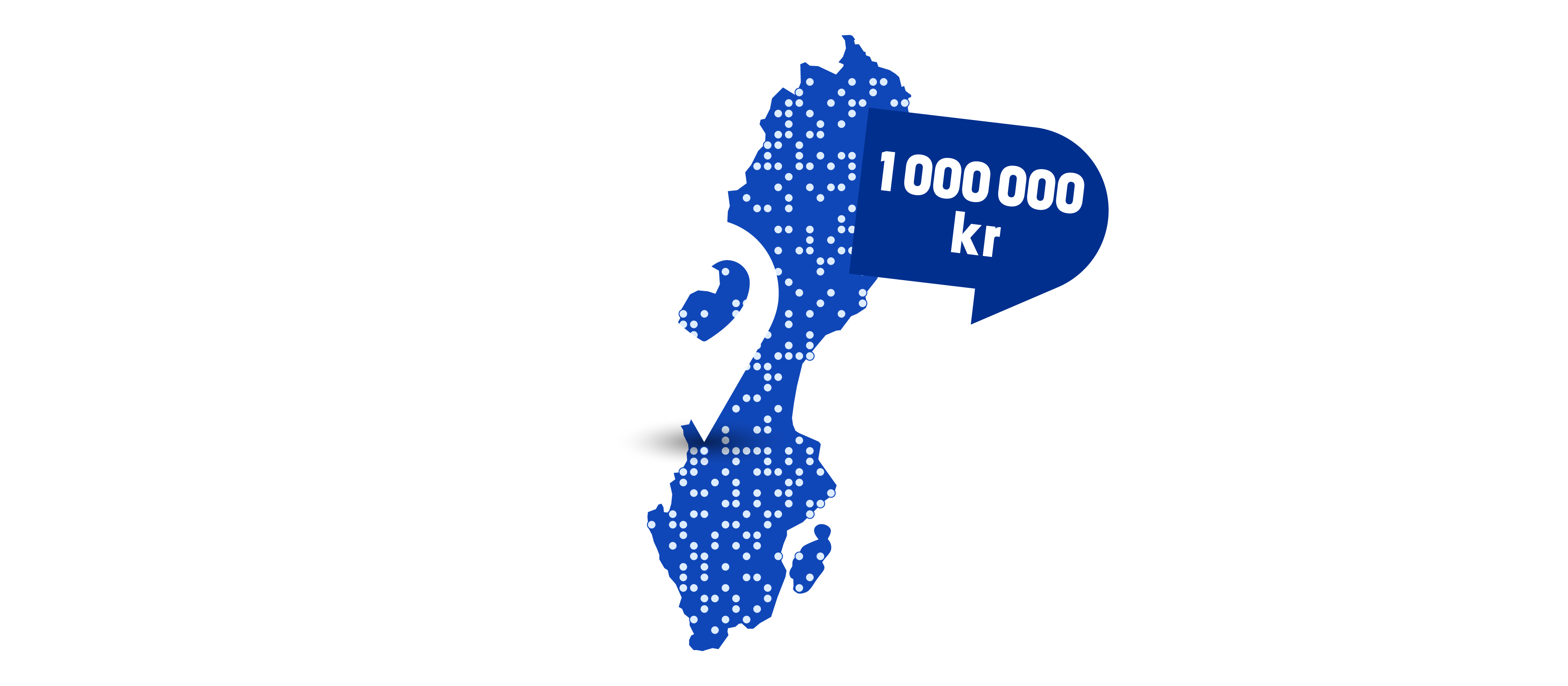Blå karta över Sverige med en markör och en pratbubbla som säger 1 miljon kronor.