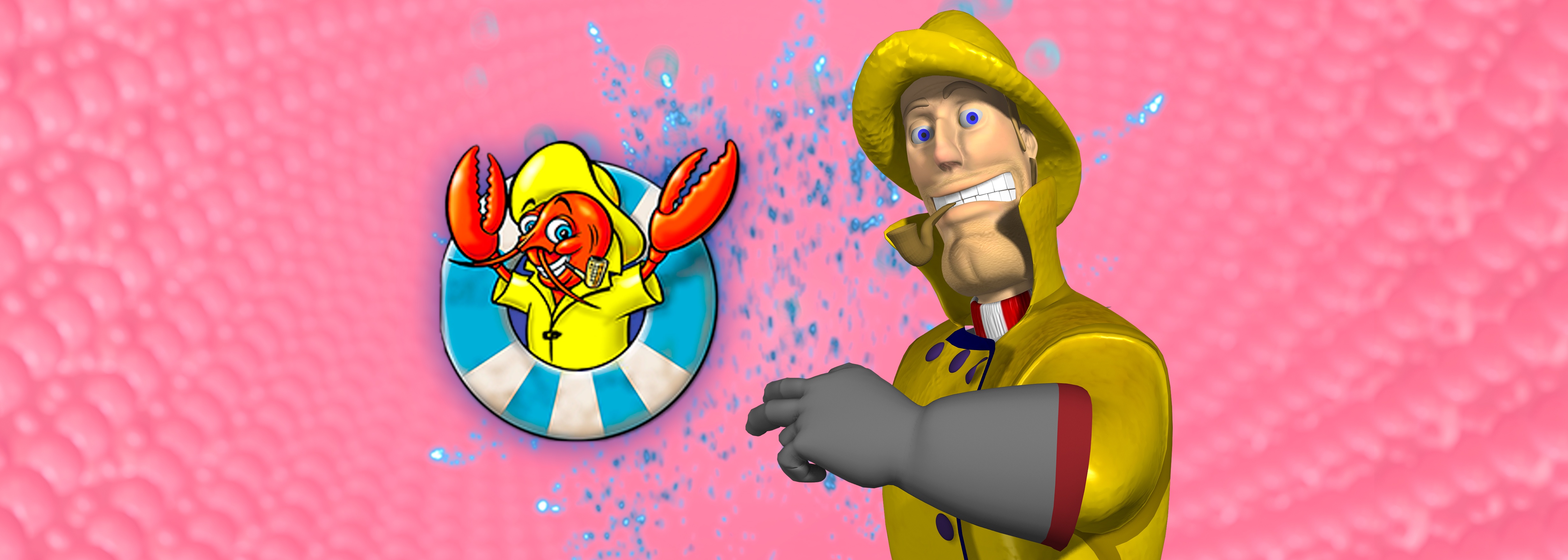 Animerad sjöman och hummer på rosa bakgrund från Casino Mega Jackpots Lucky Larry's Lobstermania.