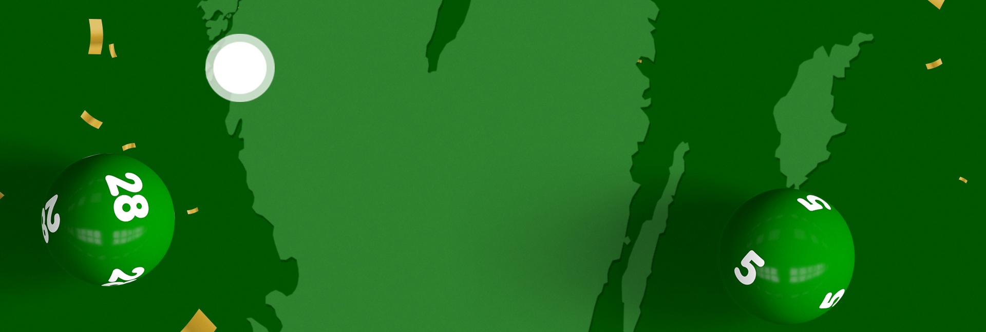 Gröna lottobollar och Sverige-karta på mörkgrön bakgrund med inslag av konfetti.