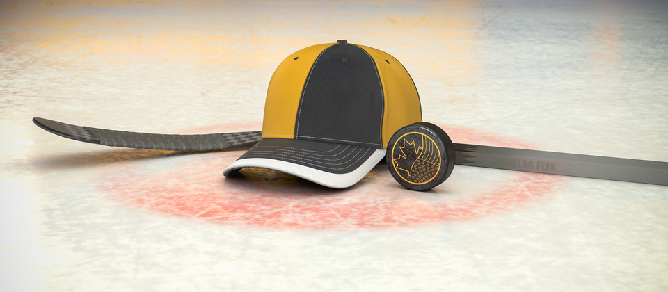 Bild på hockeyklubba, puck och en supporterkeps med NHL-laget Boston Bruins färger